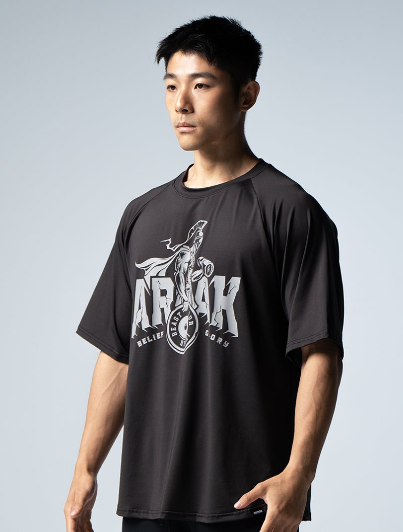 ArcTech™ 堅毅戰士寬版拉克蘭袖上衣 (黑) - AROAK 機能健身服飾 | 專為健人打造