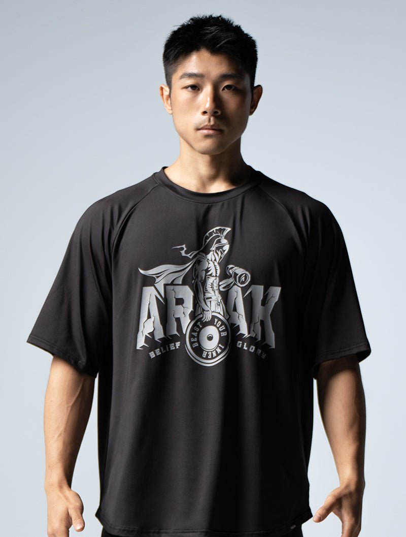 ArcTech™ 堅毅戰士寬版拉克蘭袖上衣 (黑) - AROAK 機能健身服飾 | 專為健人打造