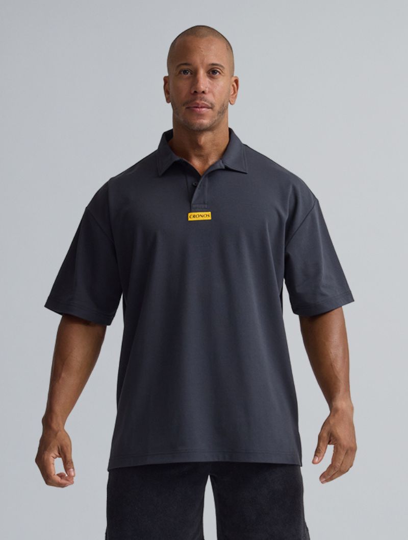 CRONOS 刺繡 BOXLOGO POLO 衫 (黑灰) - AROAK 機能健身服飾 | 專為健人打造