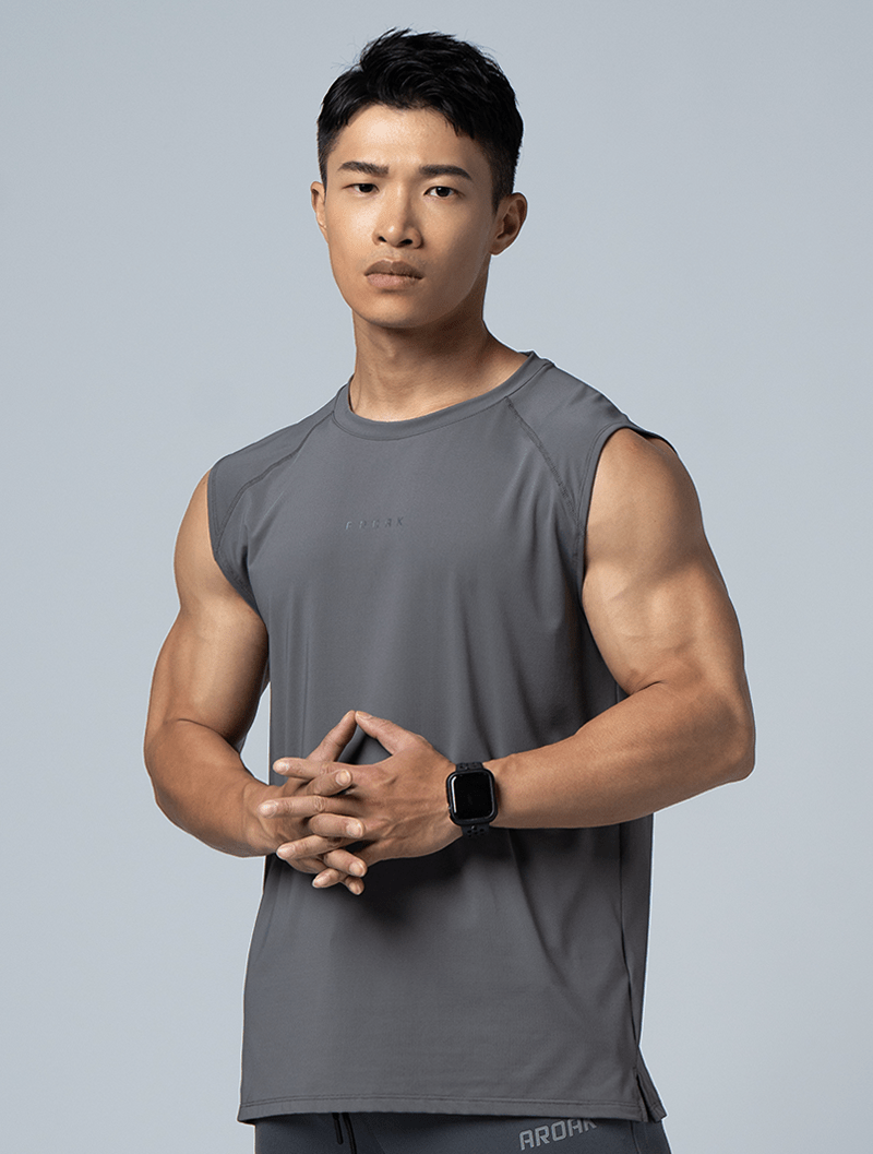 FlexSmooth™寬肩拉克蘭袖機能尼龍背心 (鐵灰) - AROAK 機能健身服飾 | 專為健人打造