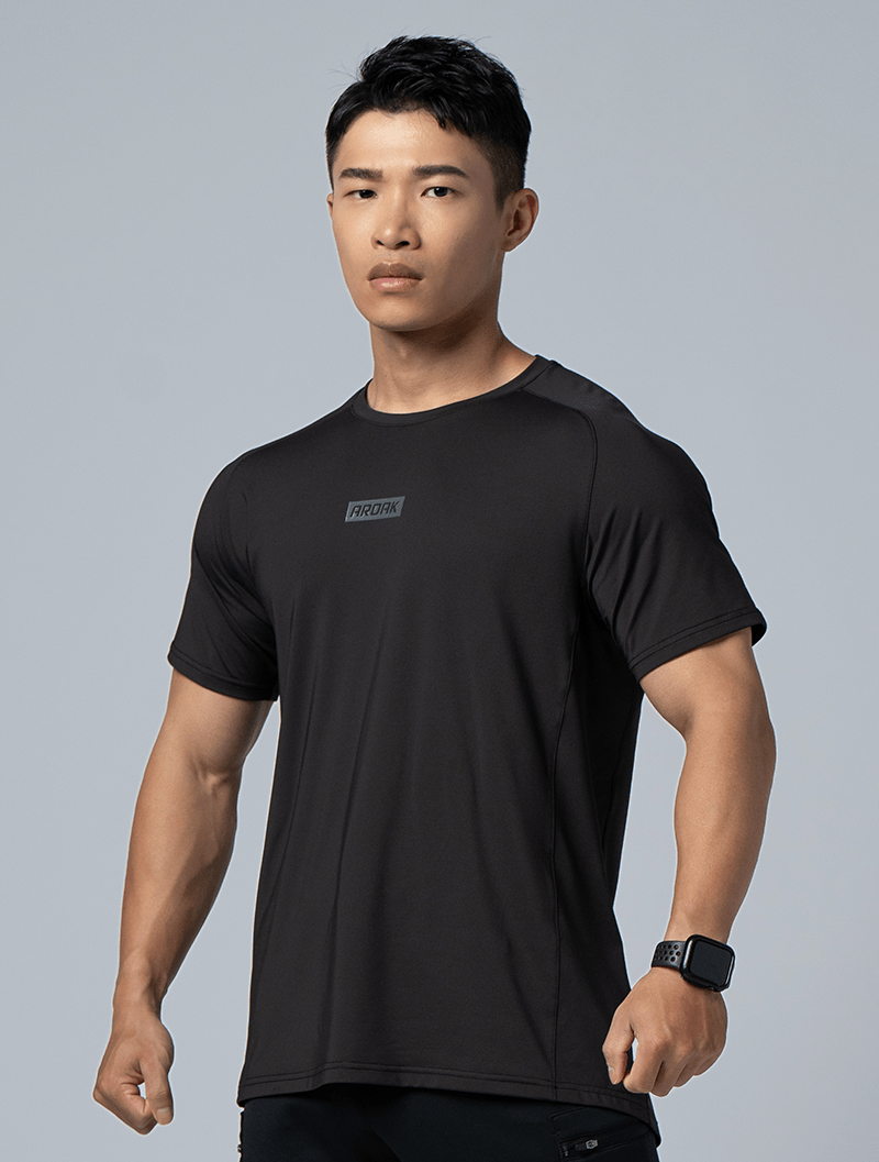 FlexSmooth™拉克蘭袖剪接機能尼龍短袖上衣 (黑) - AROAK 機能健身服飾 | 專為健人打造