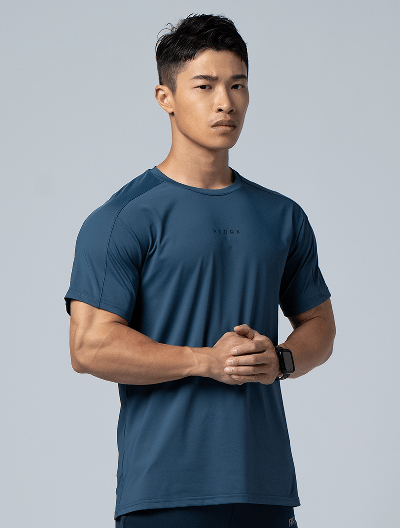 FlexSmooth™肩剪接機能尼龍短袖上衣 (丈青) - AROAK 機能健身服飾 | 專為健人打造