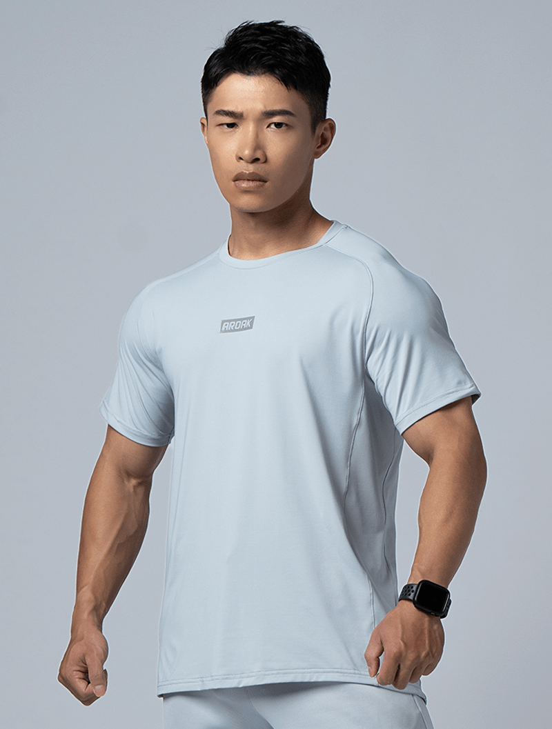 FlexSmooth™拉克蘭袖剪接機能尼龍短袖上衣 (淺灰) - AROAK 機能健身服飾 | 專為健人打造