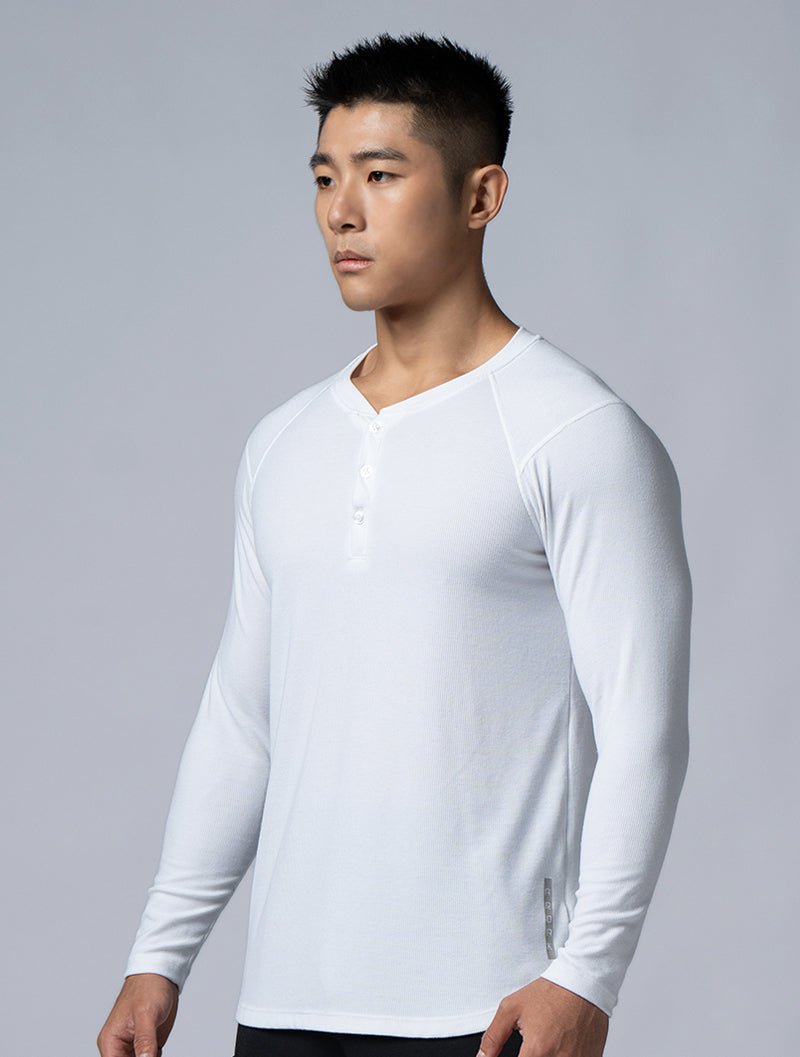 Tencel - RIB™亨利領羅紋長袖上衣 (白) - AROAK 機能健身服飾 | 專為健人打造