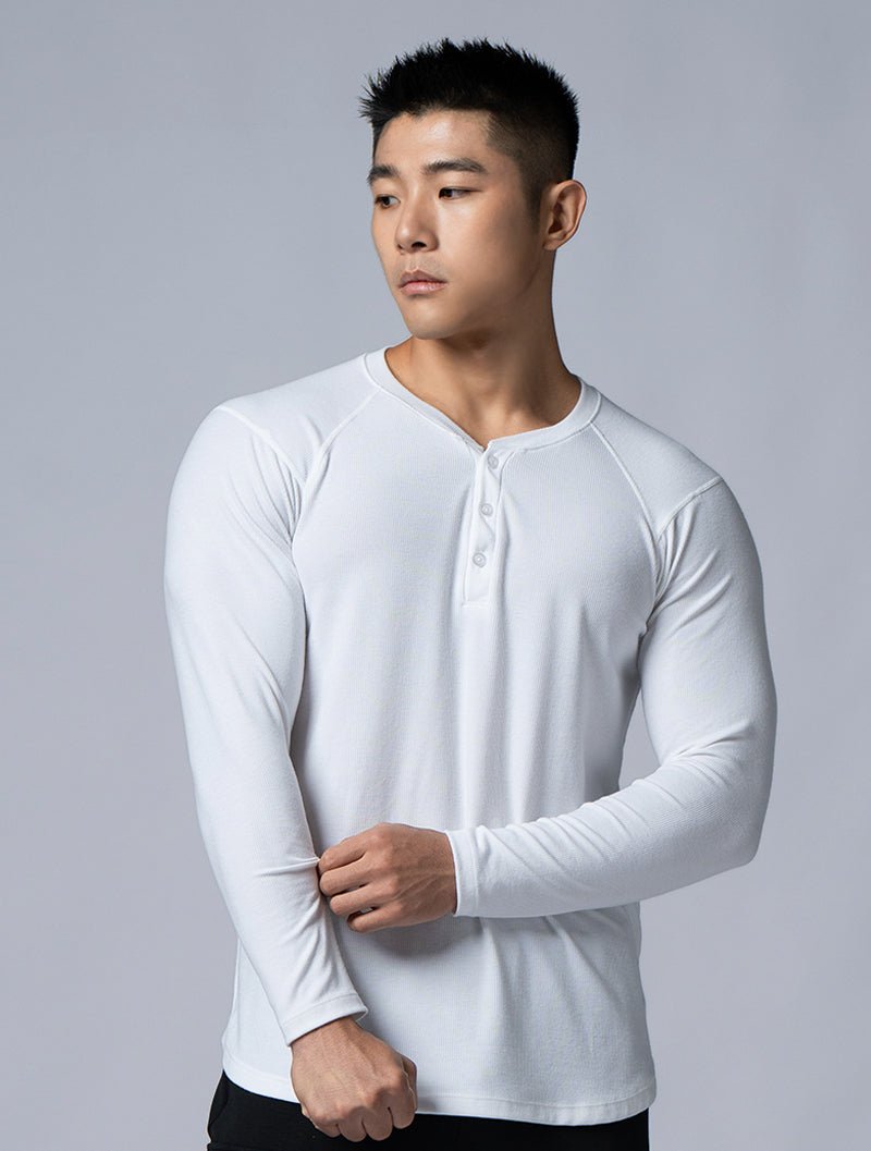 Tencel - RIB™亨利領羅紋長袖上衣 (白) - AROAK 機能健身服飾 | 專為健人打造