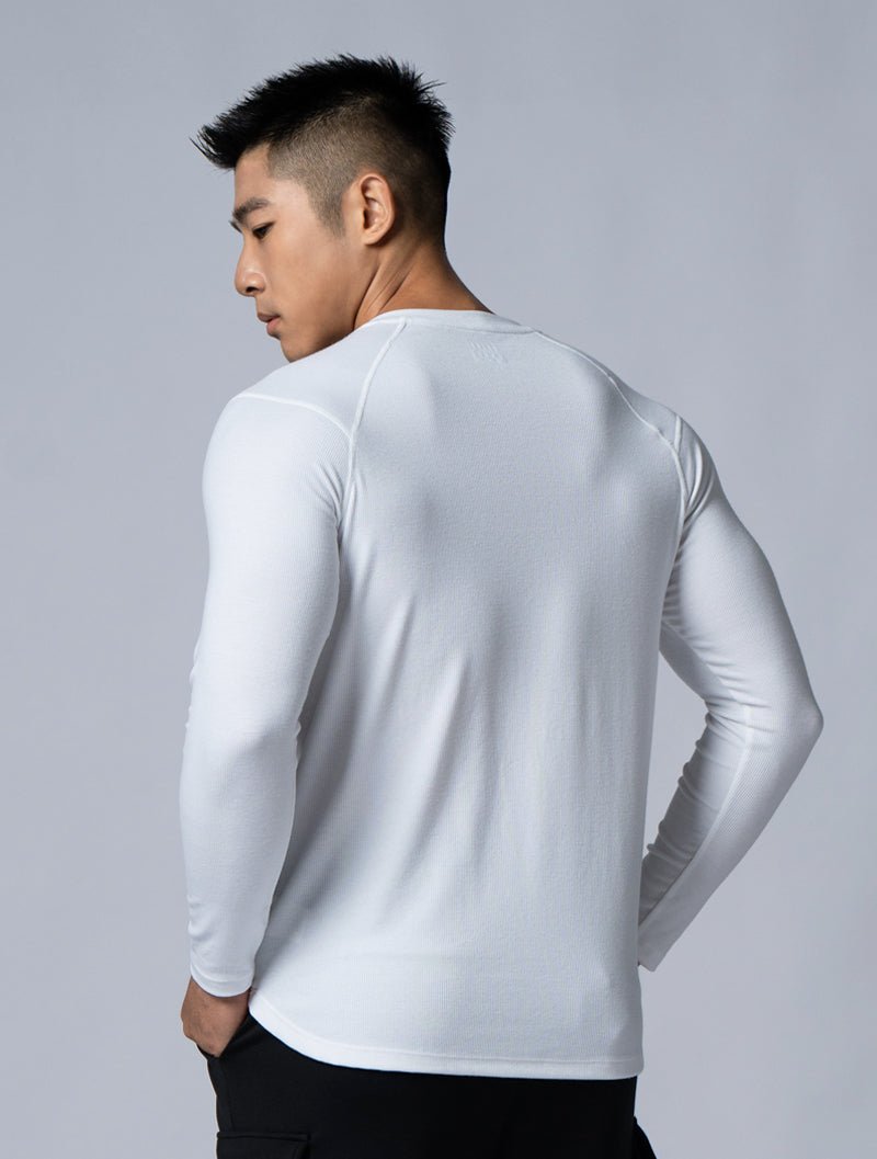 Tencel - RIB™亨利領羅紋長袖上衣 (白) - AROAK 機能健身服飾 | 專為健人打造