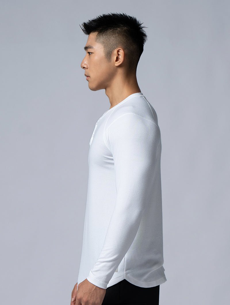 Tencel - RIB™亨利領羅紋長袖上衣 (白) - AROAK 機能健身服飾 | 專為健人打造