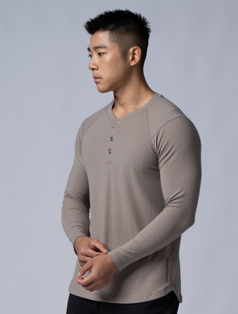 Tencel - RIB™亨利領羅紋長袖上衣 (深卡其) - AROAK 機能健身服飾 | 專為健人打造