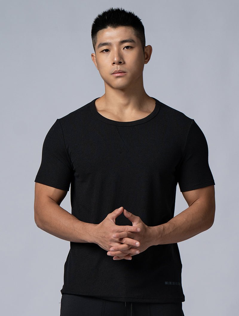 Tencel - RIB™圓領羅紋短袖上衣 (黑) - AROAK 機能健身服飾 | 專為健人打造