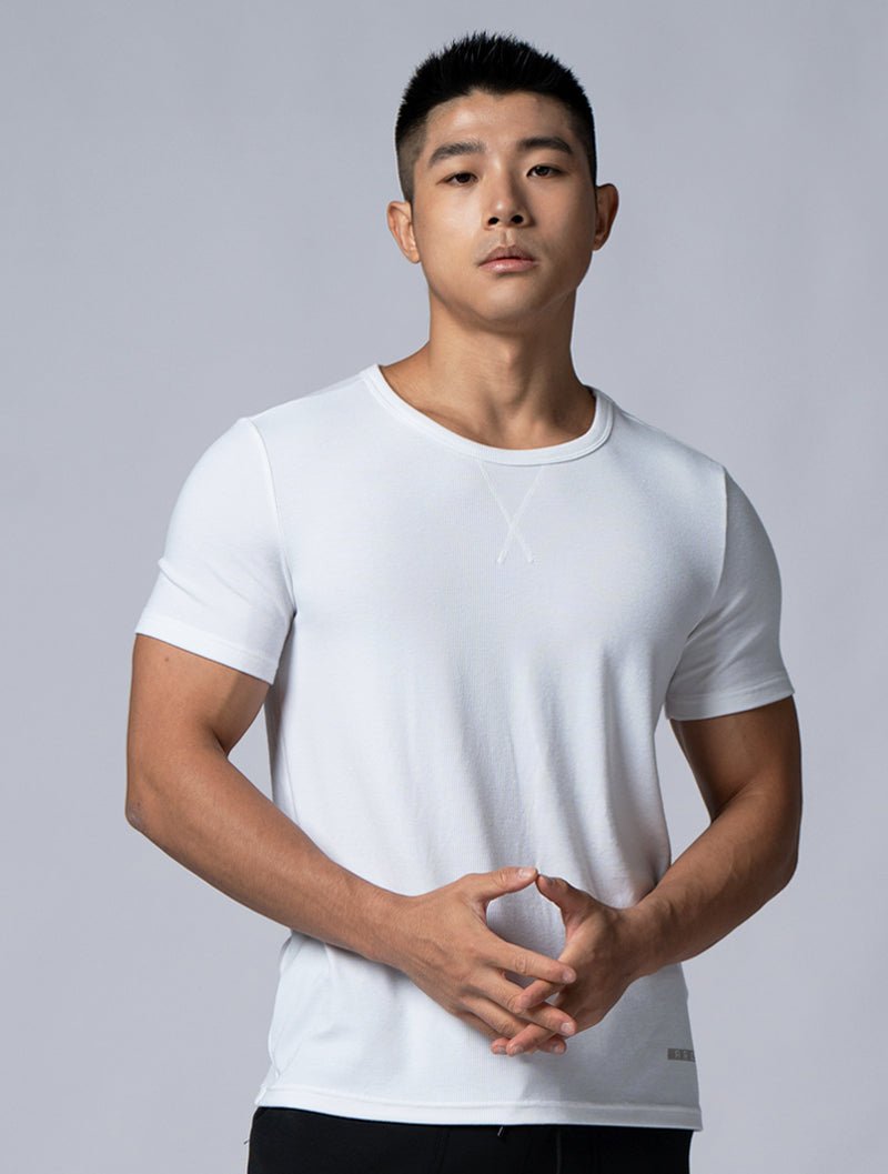 Tencel - RIB™圓領羅紋短袖上衣 (白) - AROAK 機能健身服飾 | 專為健人打造