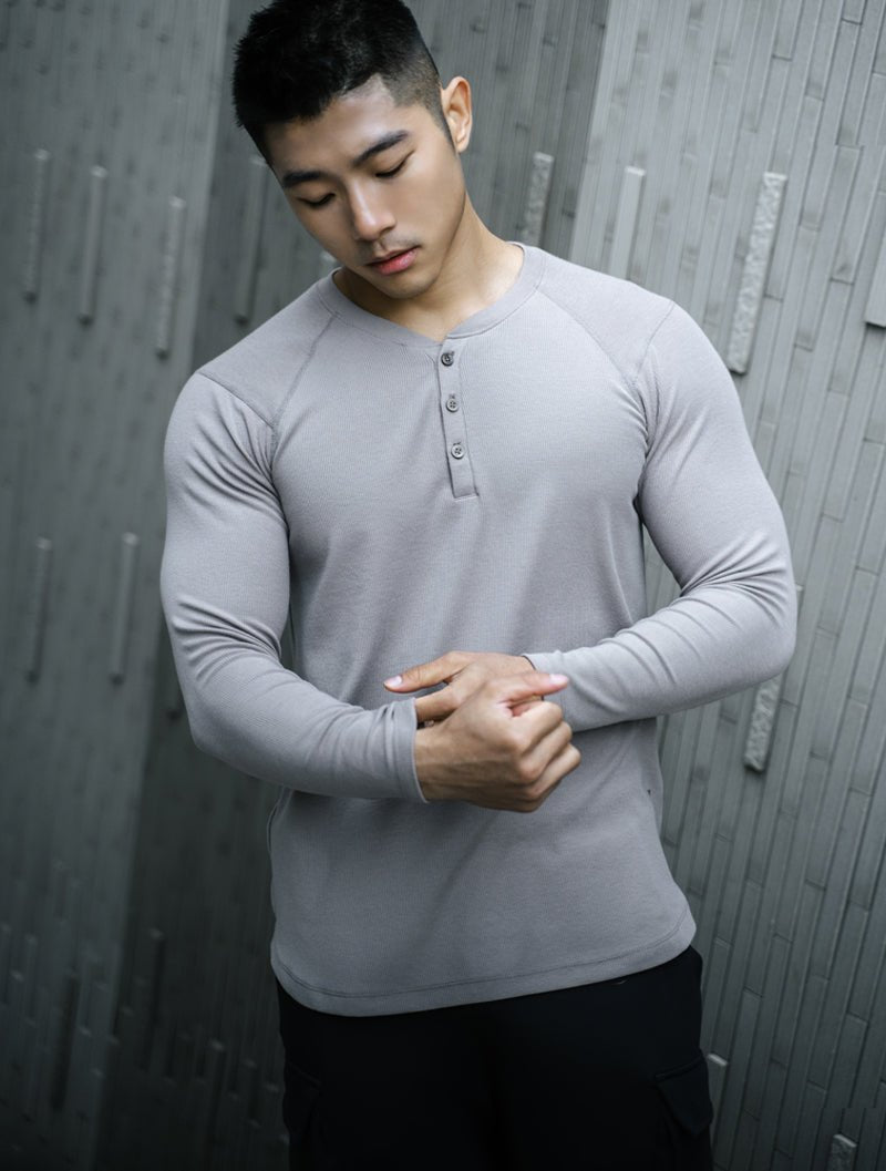 Tencel - RIB™亨利領羅紋長袖上衣 (白) - AROAK 機能健身服飾 | 專為健人打造