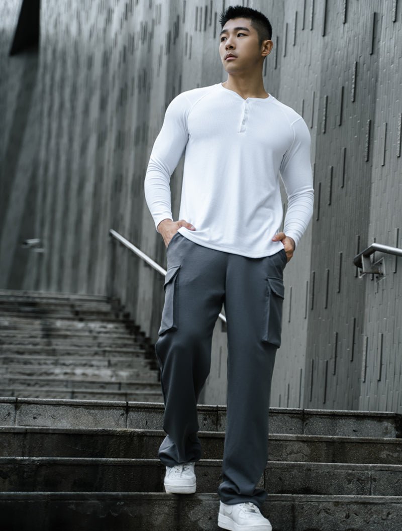 Tencel - RIB™亨利領羅紋長袖上衣 (白) - AROAK 機能健身服飾 | 專為健人打造