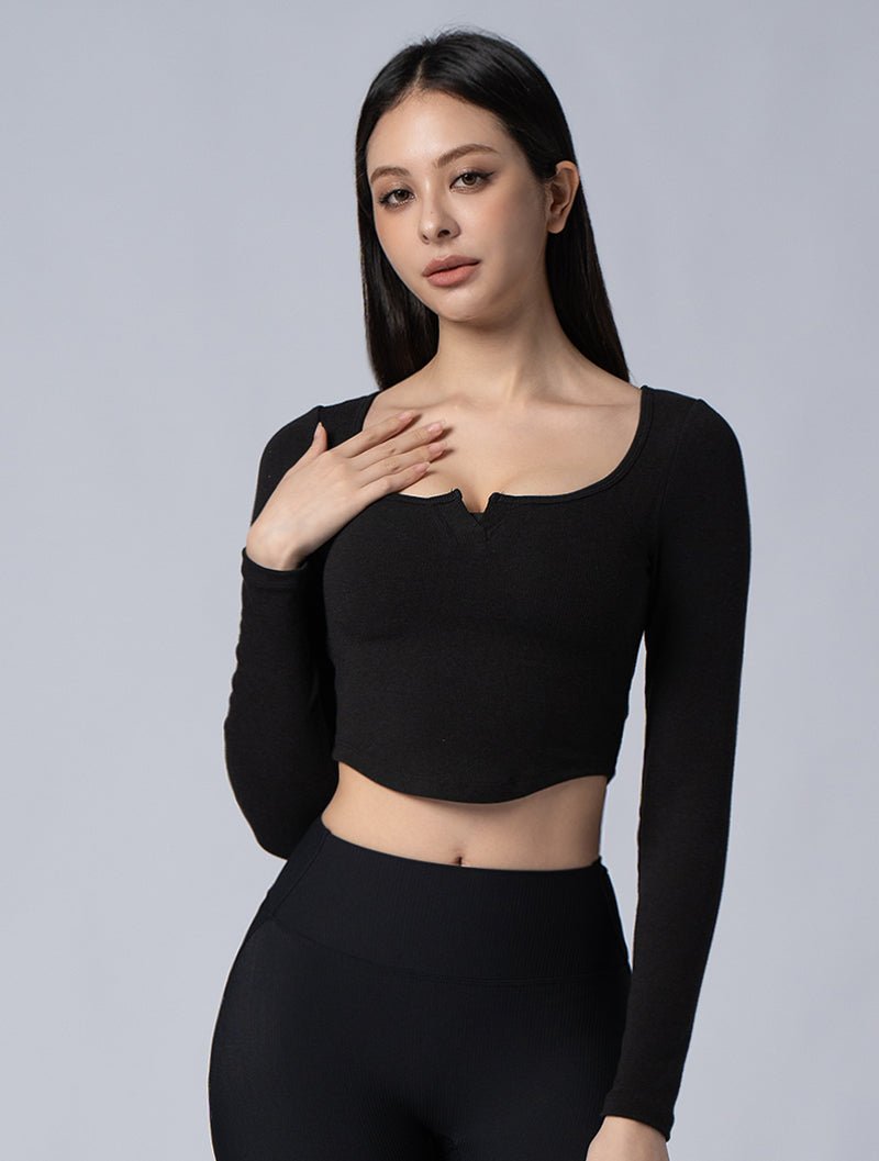 Tencel - RIB™ U領半開襟纖腰BraTop@24 - 2 (黑) - AROAK 機能健身服飾 | 專為健人打造