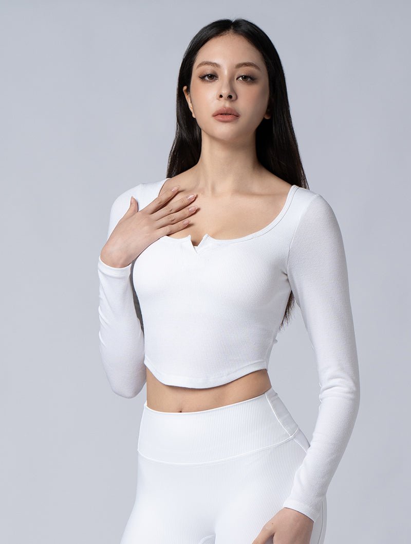 Tencel - RIB™ U領半開襟纖腰BraTop@24 - 2 (白) - AROAK 機能健身服飾 | 專為健人打造