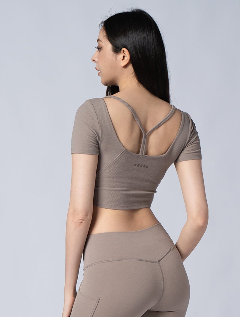 Tencel - RIB™ Y字流線BraTop 24 - 2 (深卡其) - AROAK 機能健身服飾 | 專為健人打造