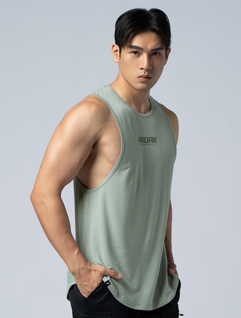 TENCEL - SGL™ 植絨機能天絲圓弧背心 (灰綠) - AROAK 機能健身服飾 | 專為健人打造