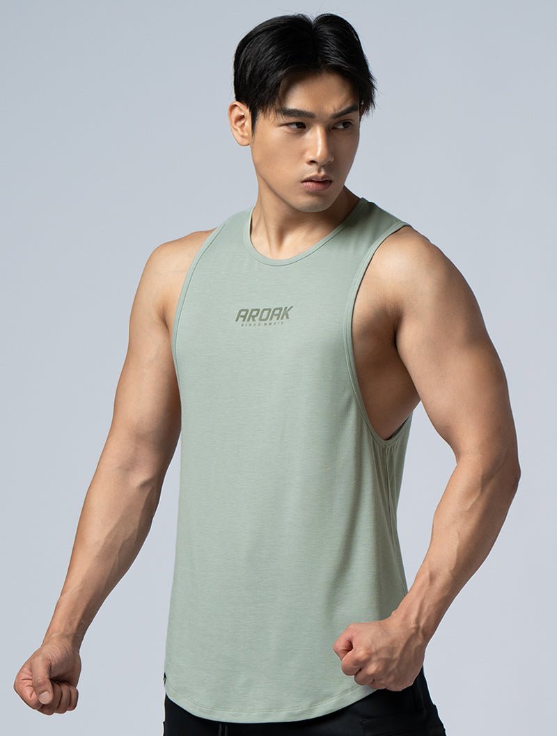 TENCEL - SGL™ 植絨機能天絲圓弧背心 (灰綠) - AROAK 機能健身服飾 | 專為健人打造