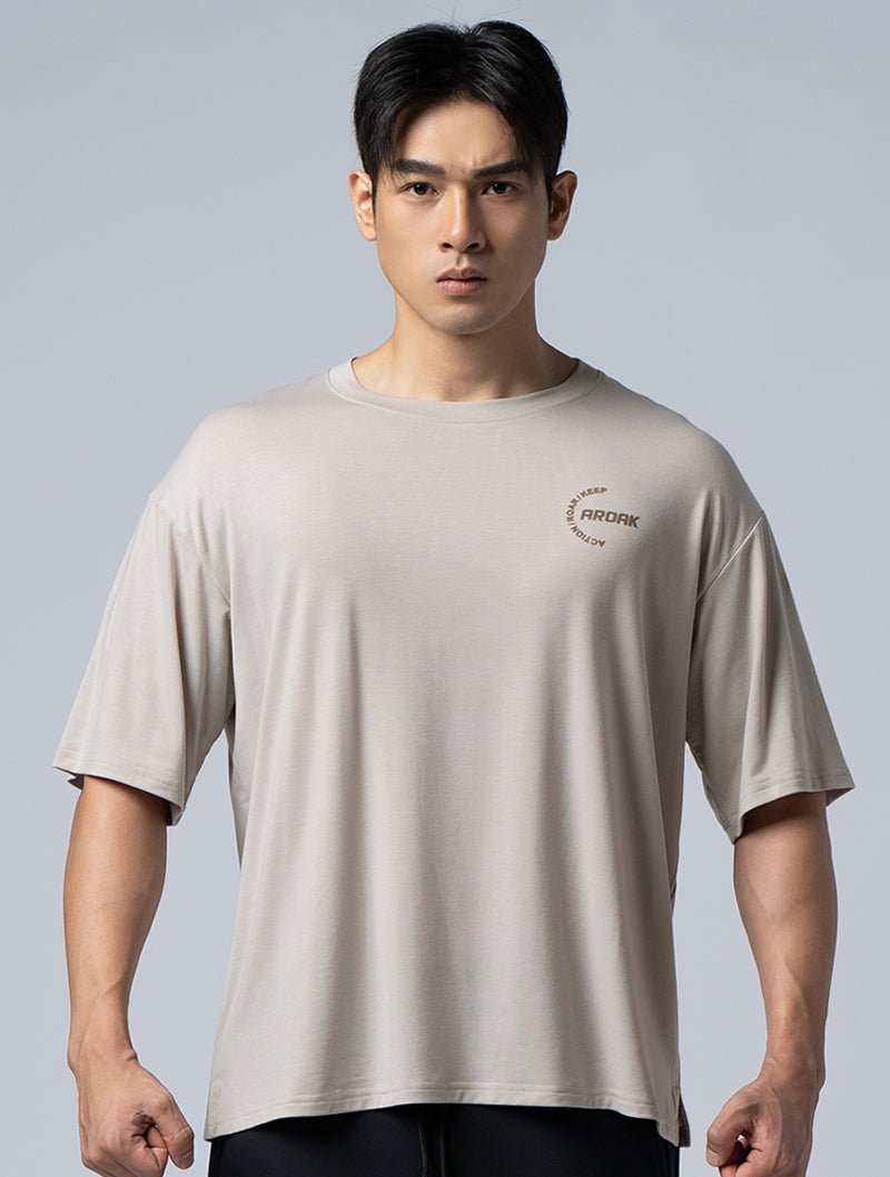 TENCEL - SGL™ 植絨OVERSIZED機能天絲短袖上衣 (卡其) - AROAK 機能健身服飾 | 專為健人打造