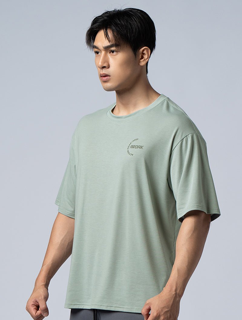 TENCEL - SGL™ 植絨OVERSIZED機能天絲短袖上衣 (灰綠) - AROAK 機能健身服飾 | 專為健人打造