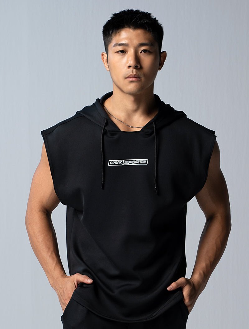 AirFlex™ 連帽寬肩背心 (黑) - AROAK 機能健身服飾 | 專為健人打造