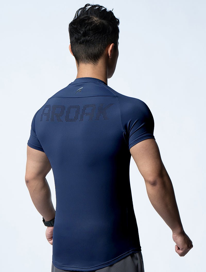 FluxFit™ 腋下拼接訓練上衣 (斜紋藍) - AROAK 機能健身服飾 | 專為健人打造