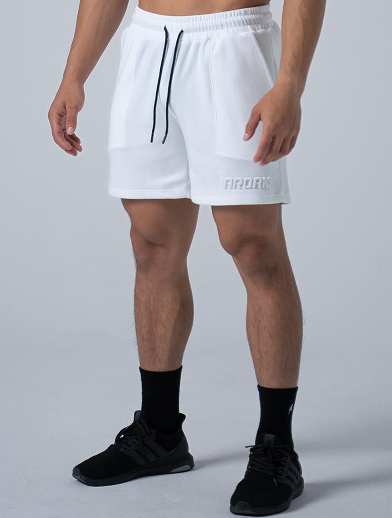 立體 LOGO 休閒短褲 (白) - AROAK 機能健身服飾 | 專為健人打造