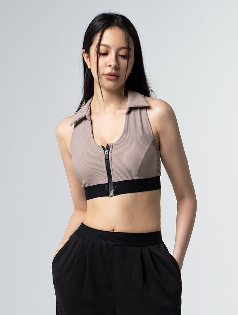 Lumin™ Polo美型領前拉式Bra Top 25 - 1 (奶茶杏) - AROAK 機能健身服飾 | 專為健人打造