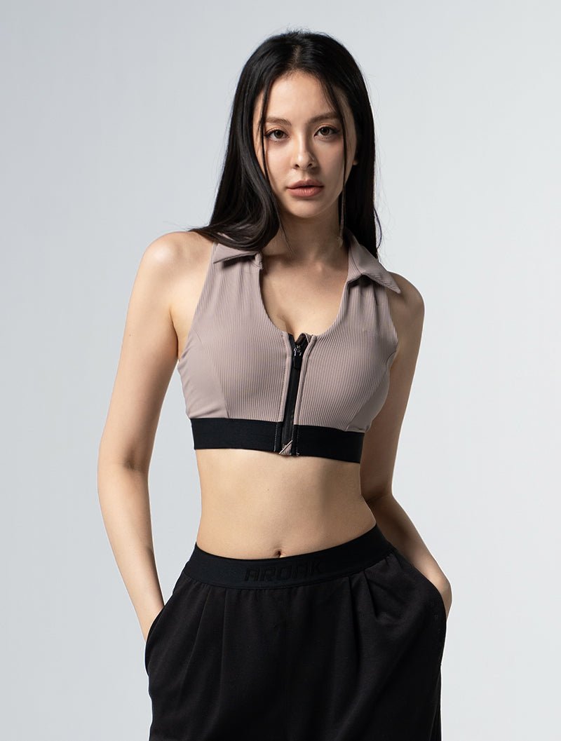 Lumin™ Polo美型領前拉式Bra Top 25 - 1 (奶茶杏) - AROAK 機能健身服飾 | 專為健人打造