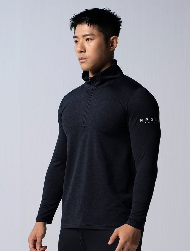 NAP™ - Twist 高磅數極致觸感立領半開襟衫 (麻花黑) - AROAK 機能健身服飾 | 專為健人打造