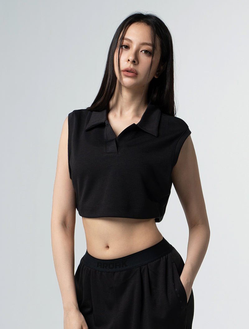 SIRO™ - Shield Polo領寬肩短版上衣 25 - 1 (黑) - AROAK 機能健身服飾 | 專為健人打造
