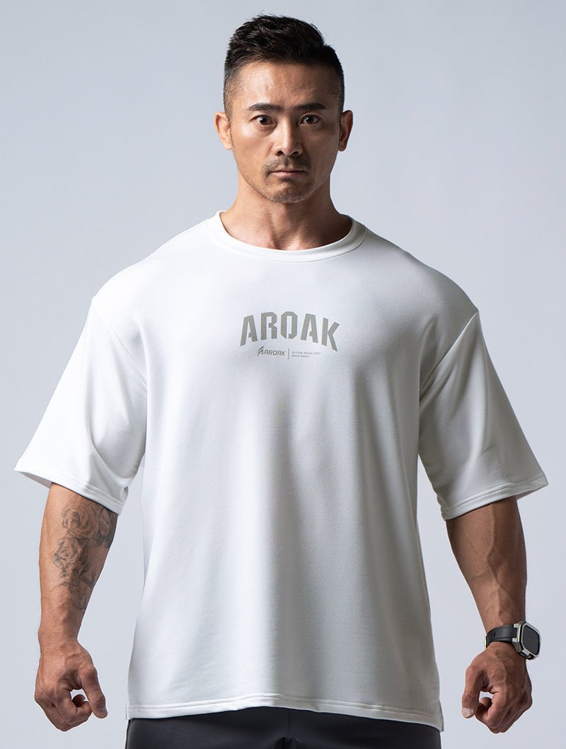 TENCEL FTE™ 戰士的怒吼機能厚磅天絲寬版上衣 (白) - AROAK 機能健身服飾 | 專為健人打造