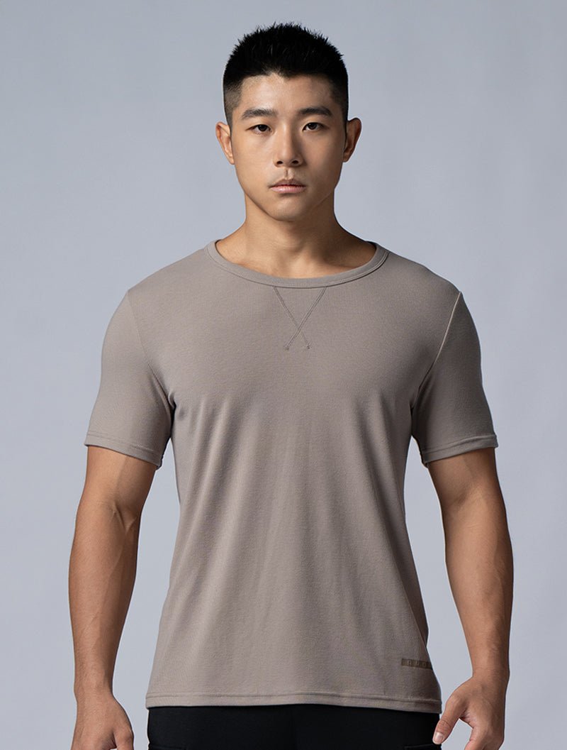 Tencel - RIB™圓領羅紋短袖上衣 (深卡其) - AROAK 機能健身服飾 | 專為健人打造