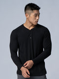 Tencel - RIB™亨利領羅紋長袖上衣 (黑) - AROAK 機能健身服飾 | 專為健人打造