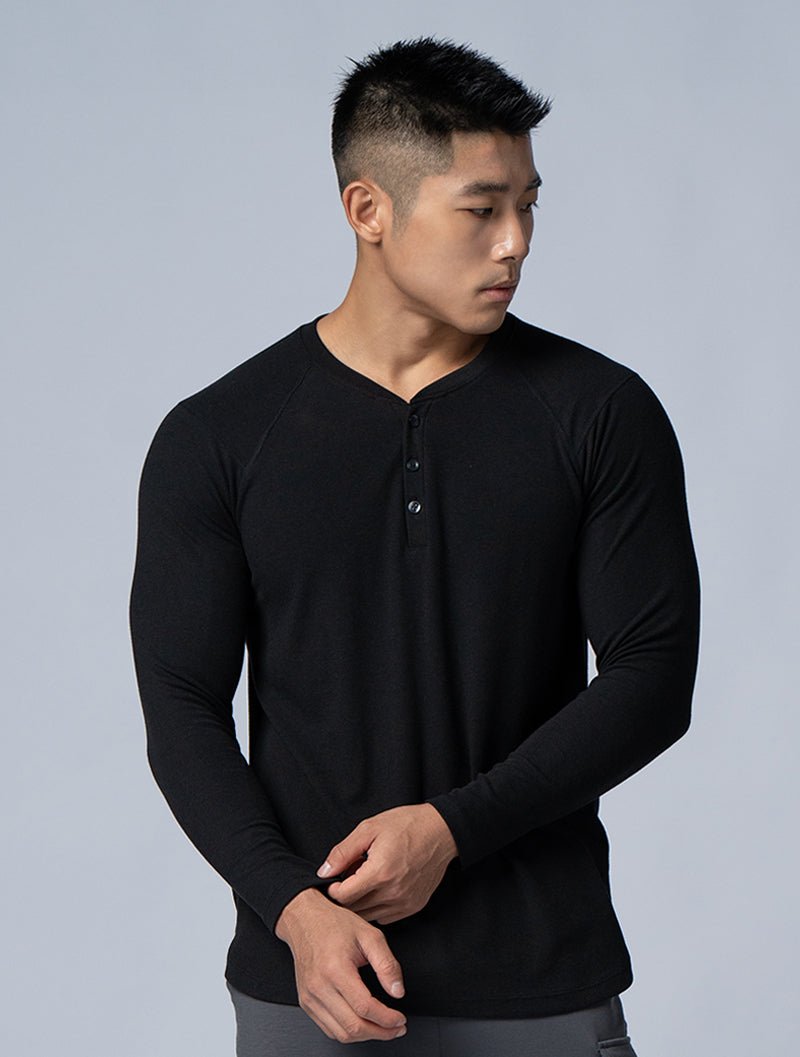 Tencel - RIB™亨利領羅紋長袖上衣 (黑) - AROAK 機能健身服飾 | 專為健人打造
