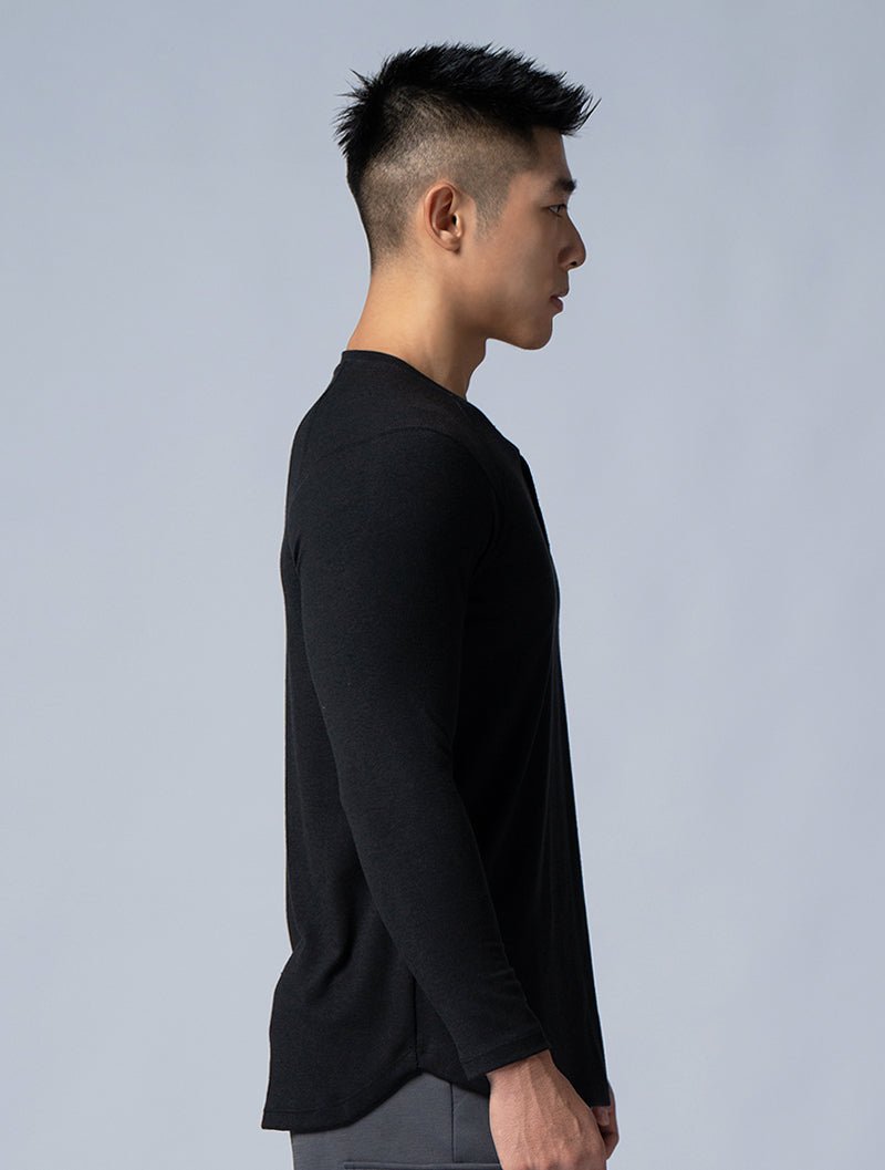 Tencel - RIB™亨利領羅紋長袖上衣 (黑) - AROAK 機能健身服飾 | 專為健人打造