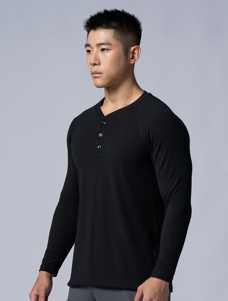 Tencel - RIB™亨利領羅紋長袖上衣 (黑) - AROAK 機能健身服飾 | 專為健人打造