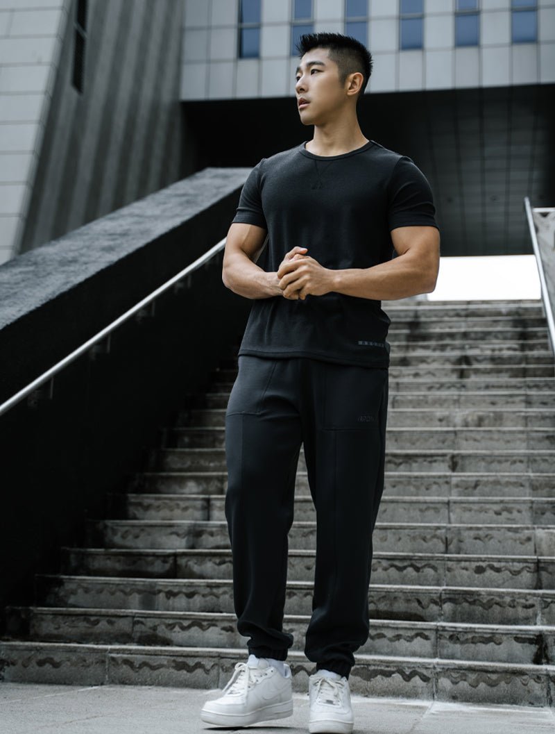 Tencel - RIB™圓領羅紋短袖上衣 (黑) - AROAK 機能健身服飾 | 專為健人打造