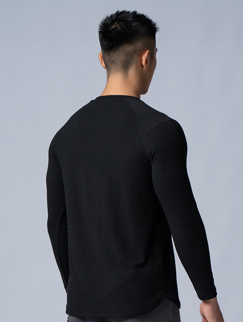 Tencel - RIB™亨利領羅紋長袖上衣 (黑) - AROAK 機能健身服飾 | 專為健人打造