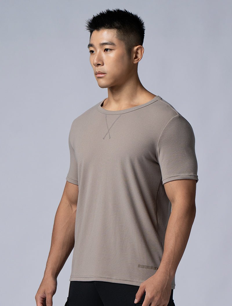 Tencel - RIB™圓領羅紋短袖上衣 (深卡其) - AROAK 機能健身服飾 | 專為健人打造