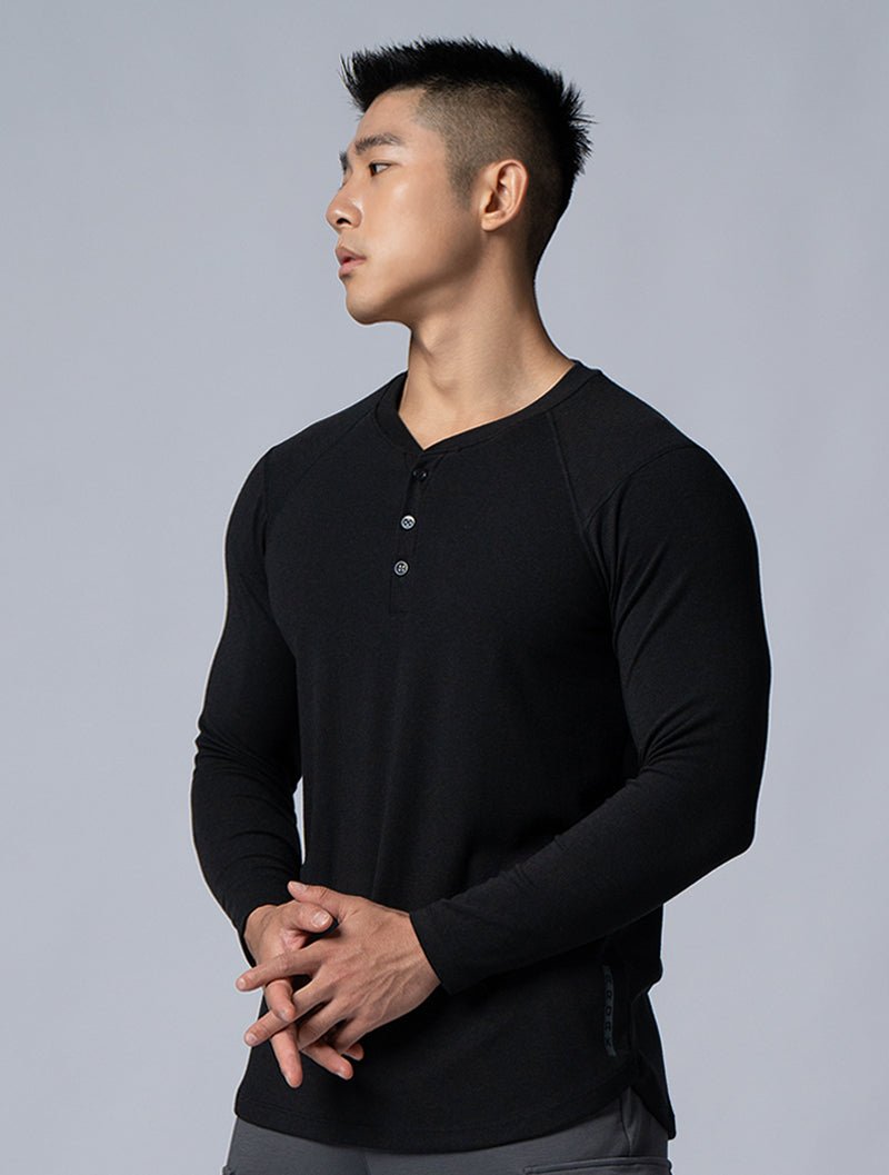 Tencel - RIB™亨利領羅紋長袖上衣 (黑) - AROAK 機能健身服飾 | 專為健人打造