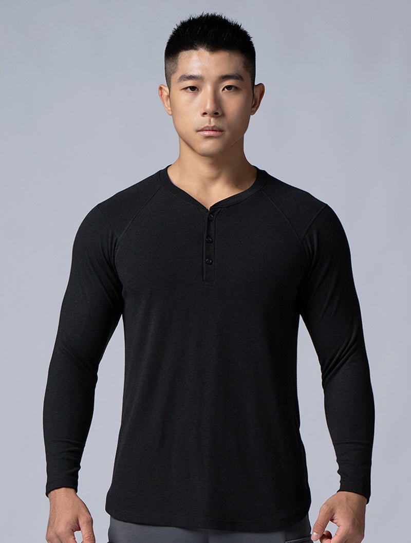 Tencel - RIB™亨利領羅紋長袖上衣 (黑) - AROAK 機能健身服飾 | 專為健人打造
