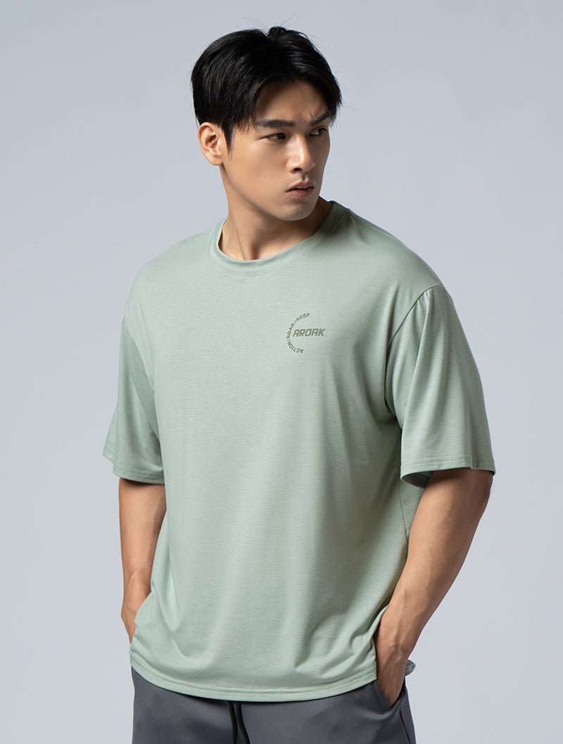 TENCEL - SGL™ 植絨OVERSIZED機能天絲短袖上衣 (灰綠) - AROAK 機能健身服飾 | 專為健人打造
