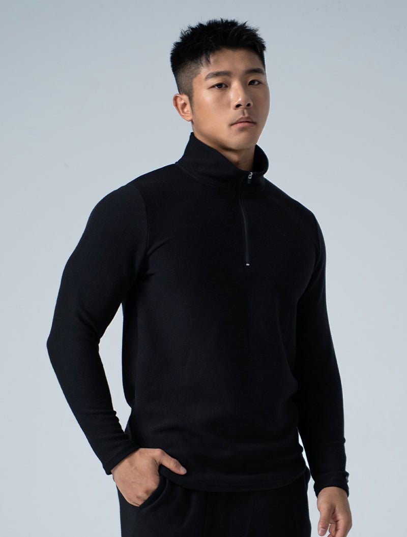 Wafflux™ 雲感半開襟上衣 (黑) - AROAK 機能健身服飾 | 專為健人打造