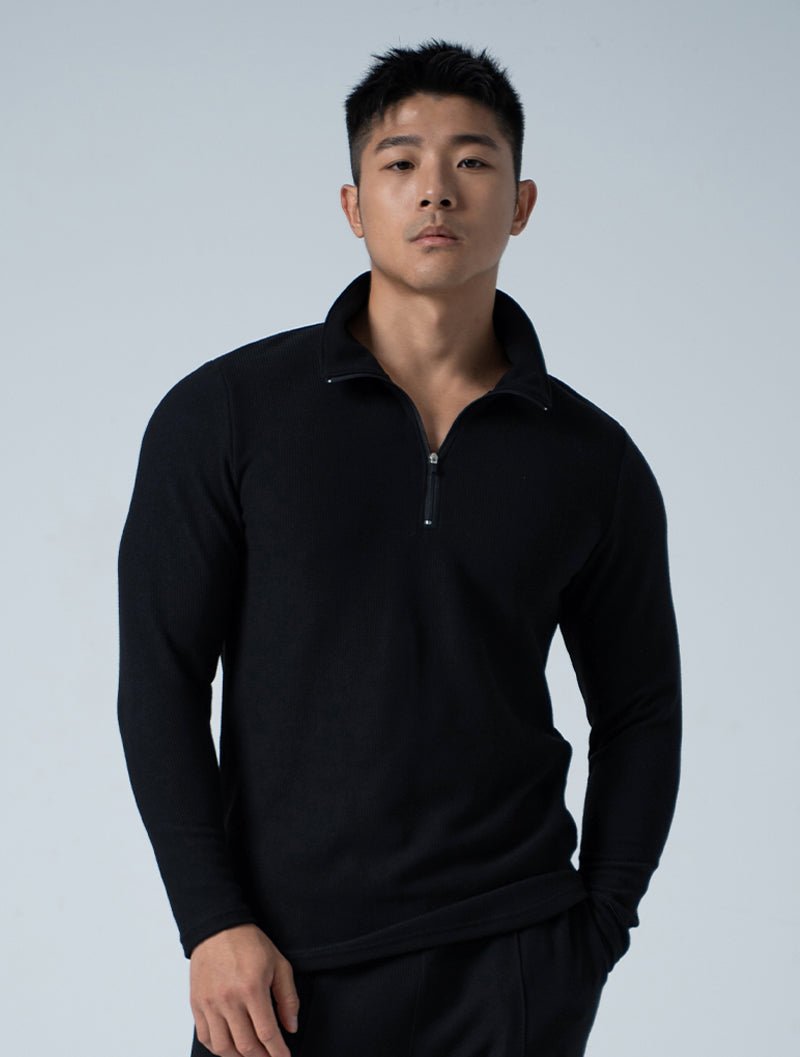 Wafflux™ 雲感半開襟上衣 (黑) - AROAK 機能健身服飾 | 專為健人打造